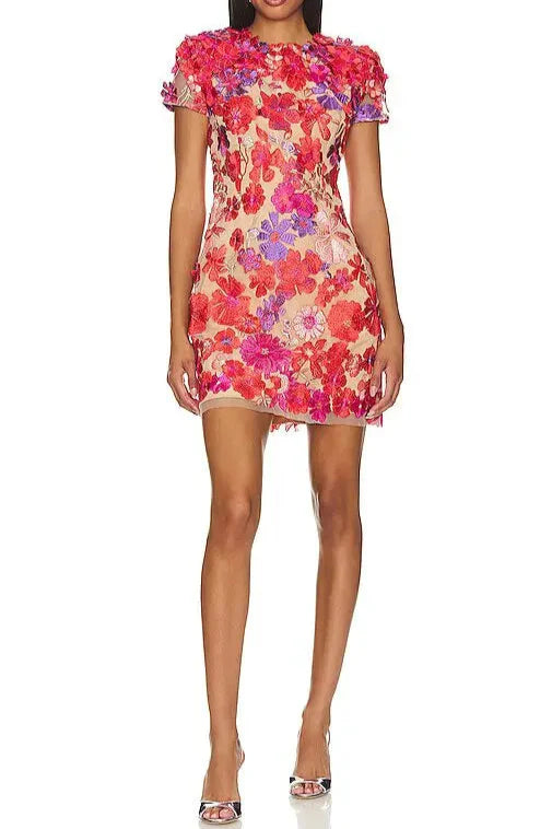 Flowering Girl Women Embroidered Applique Slim Mini Dress In Red