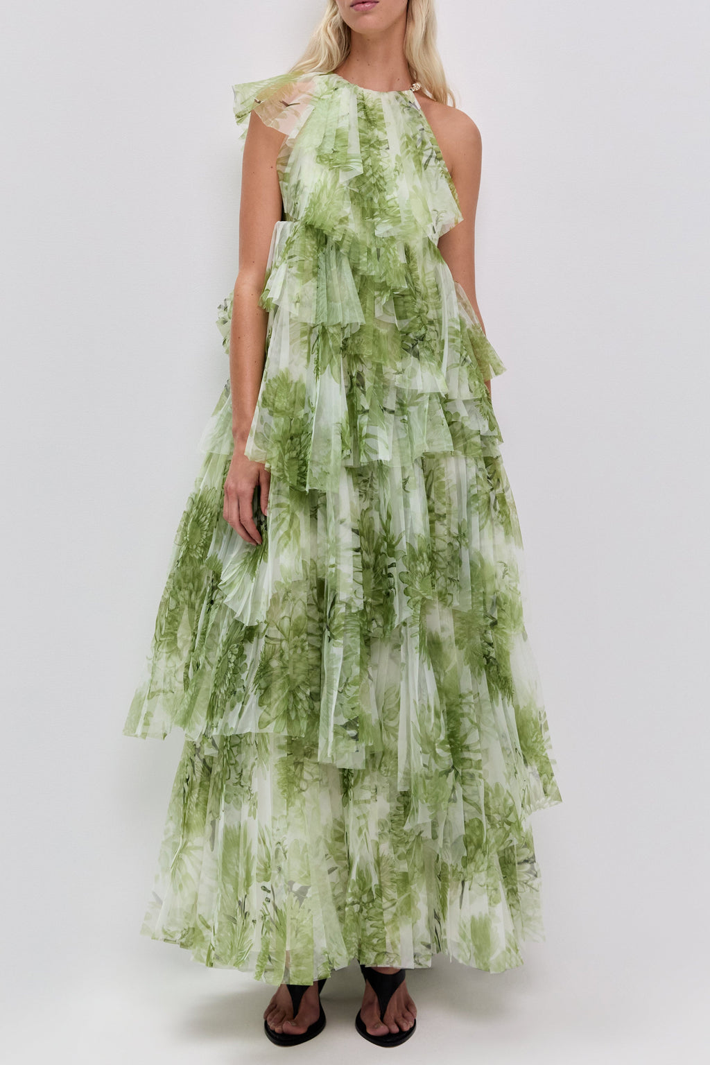 claire green floral print pleated layer maxi dress