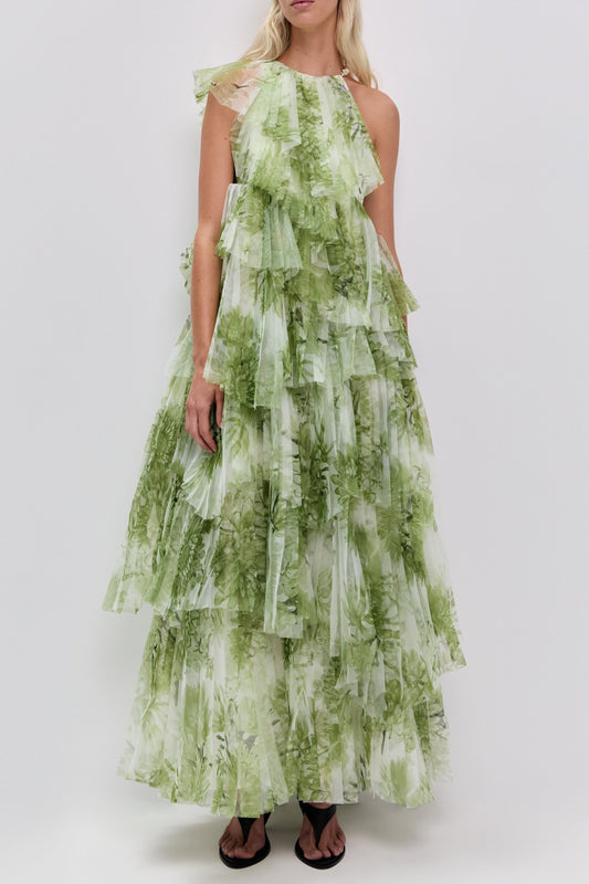 claire green floral print pleated layer maxi dress