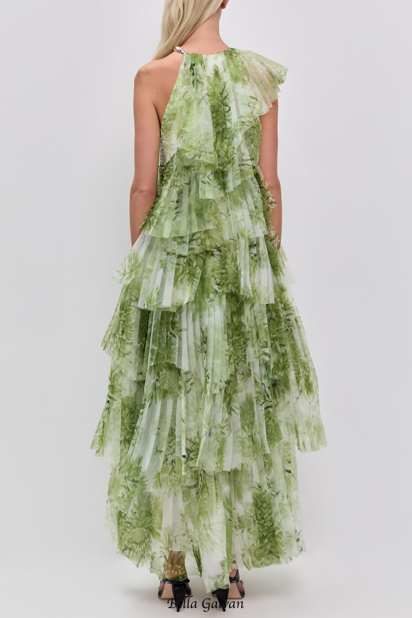 claire green floral print pleated layer maxi dress
