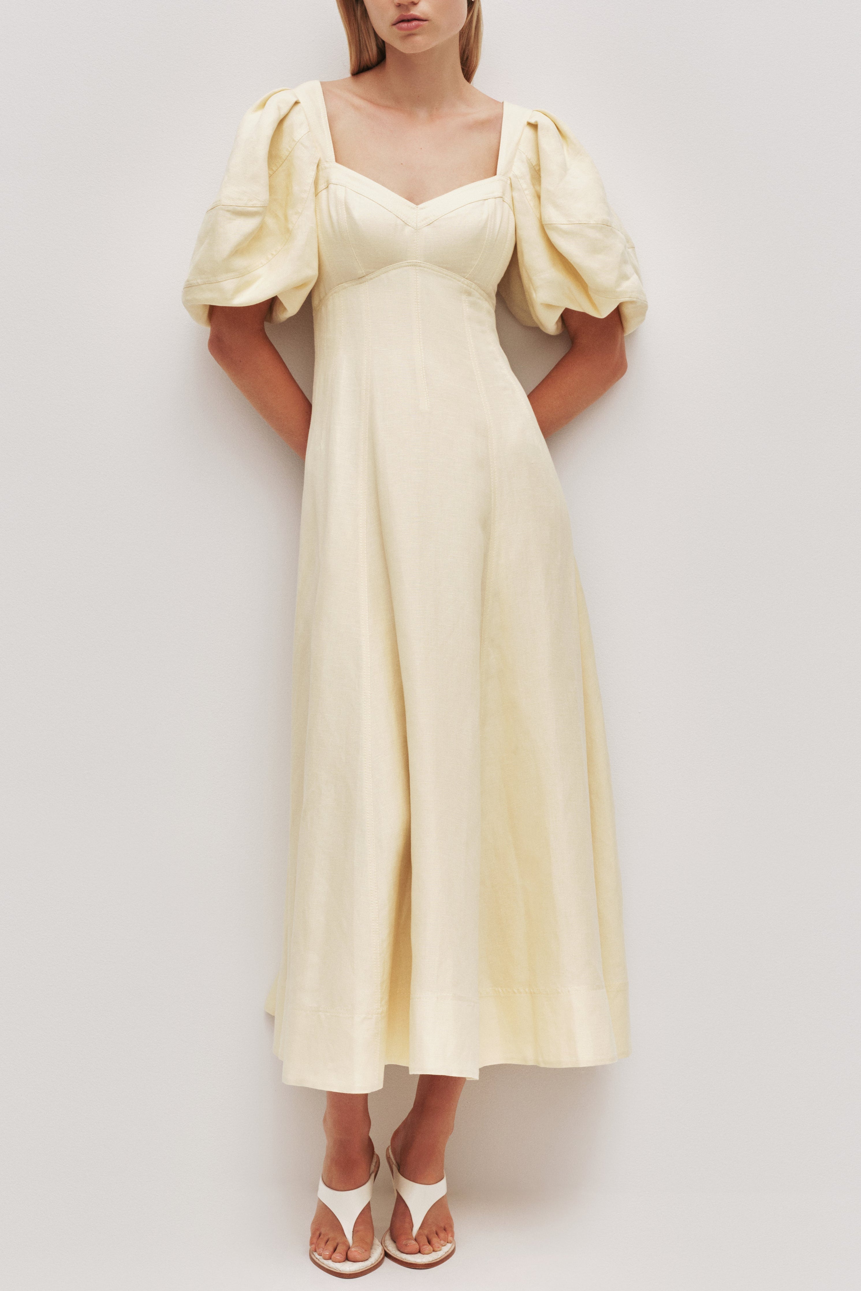Flowering Girl Women sabrina backless puff sleeve midi dress in yellow
