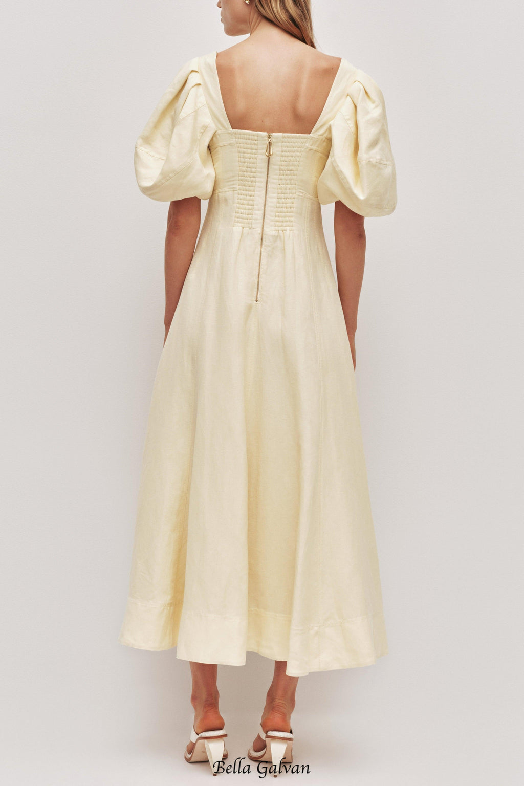 Flowering Girl Women sabrina backless puff sleeve midi dress in yellow