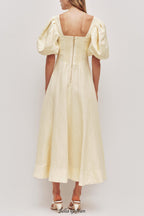 Flowering Girl Women sabrina backless puff sleeve midi dress in yellow