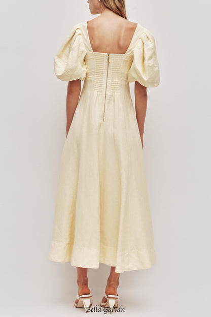 sabrina backless puff sleeve midi dress in yellow