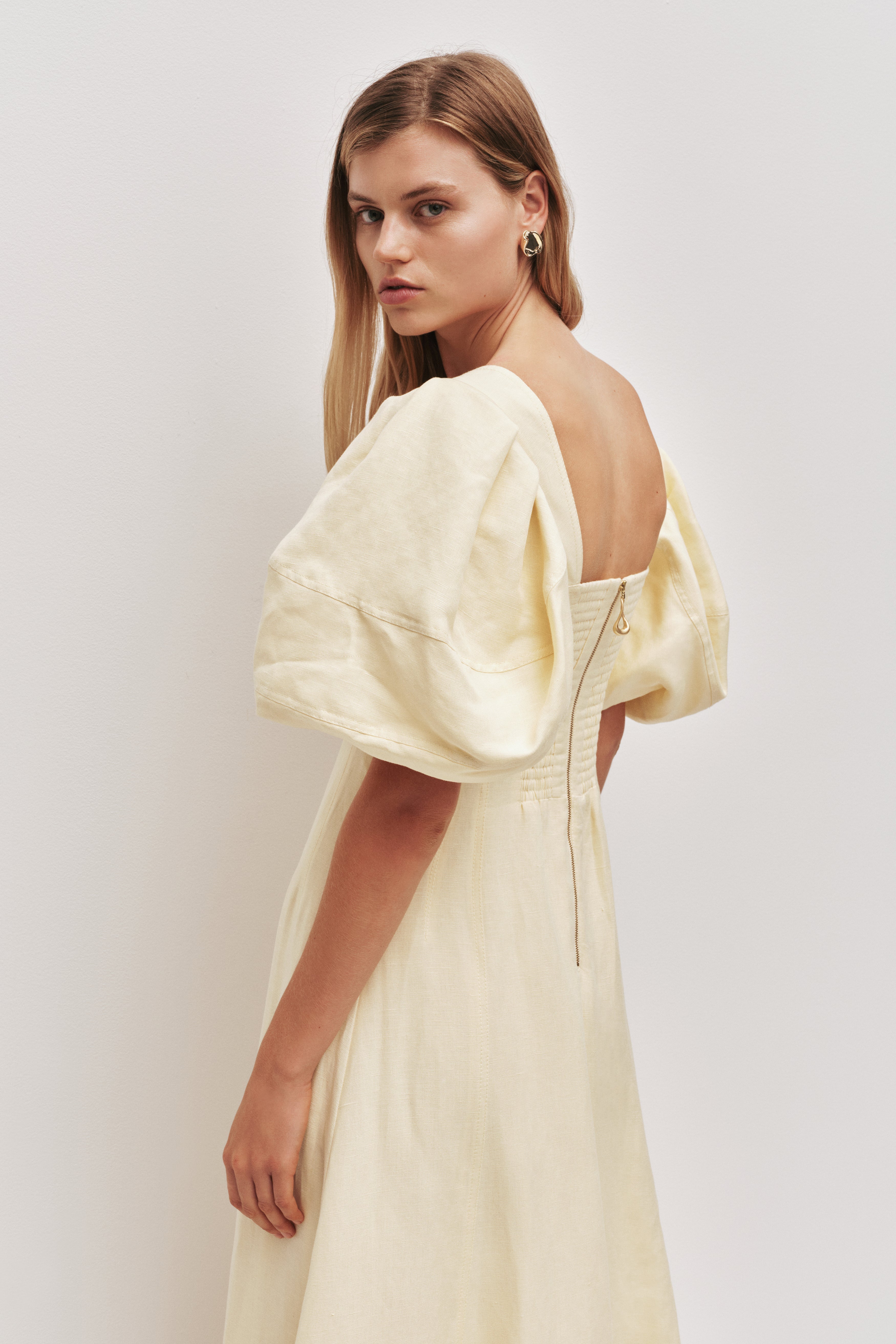 Flowering Girl Women sabrina backless puff sleeve midi dress in yellow