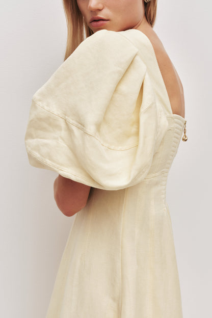 sabrina backless puff sleeve midi dress in yellow