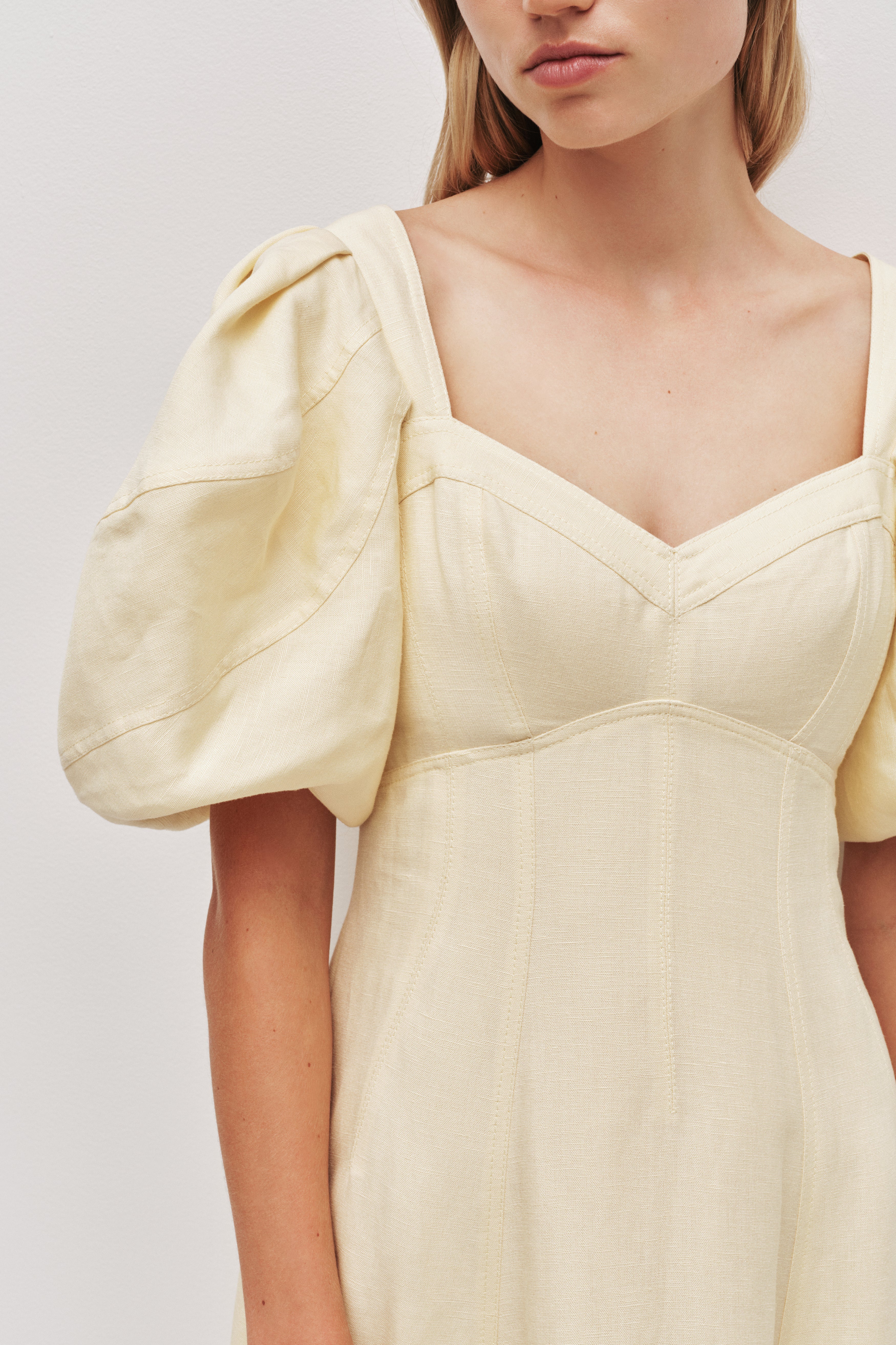 Flowering Girl Women sabrina backless puff sleeve midi dress in yellow