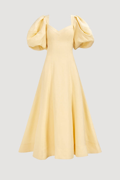 sabrina backless puff sleeve midi dress in yellow