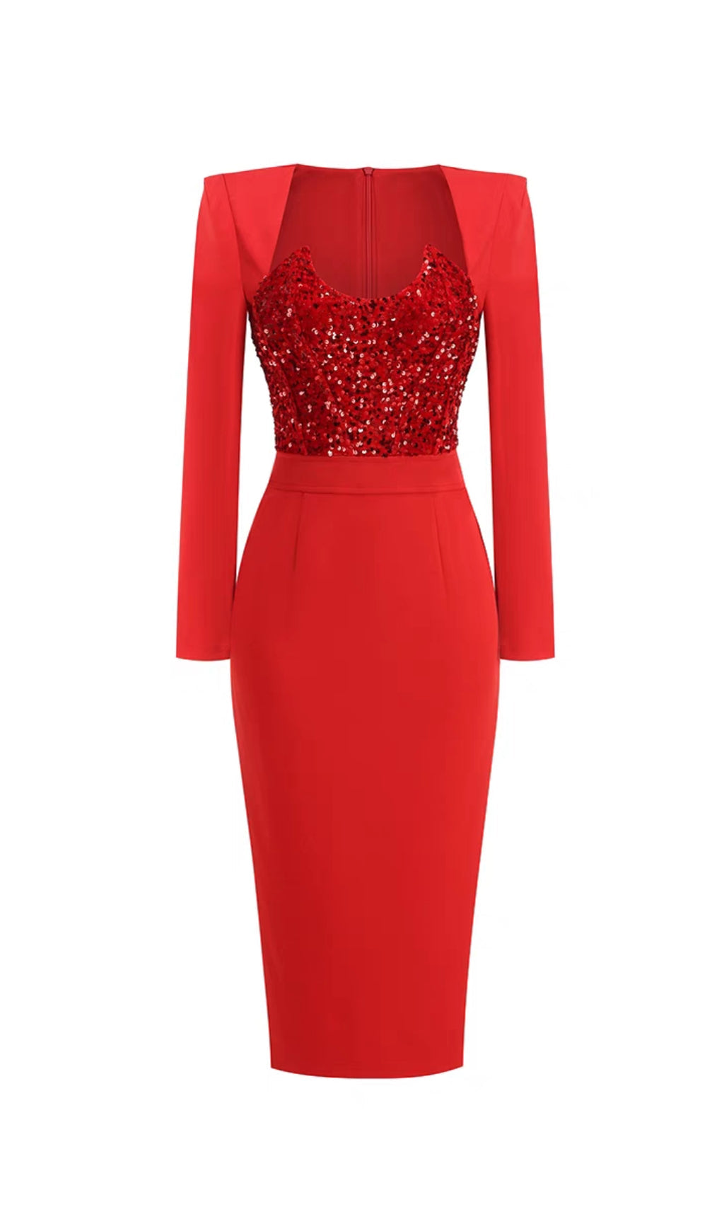 Flowering Girl Women MELISSA LONG SLEEVE PATCHWORK SEQUIN MIDI DRESS IN RED