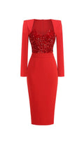 Flowering Girl Women MELISSA LONG SLEEVE PATCHWORK SEQUIN MIDI DRESS IN RED