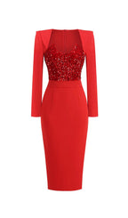 Flowering Girl Women MELISSA LONG SLEEVE PATCHWORK SEQUIN MIDI DRESS IN RED