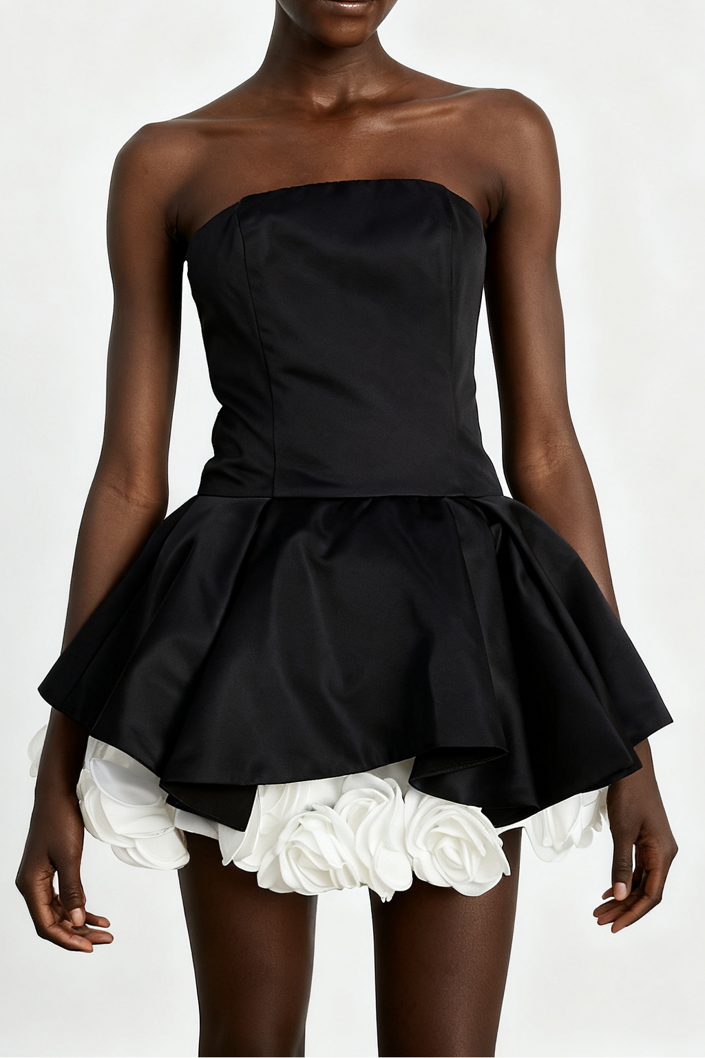 Lucie Black Petal-Layered Strapless Corset Mini Dress