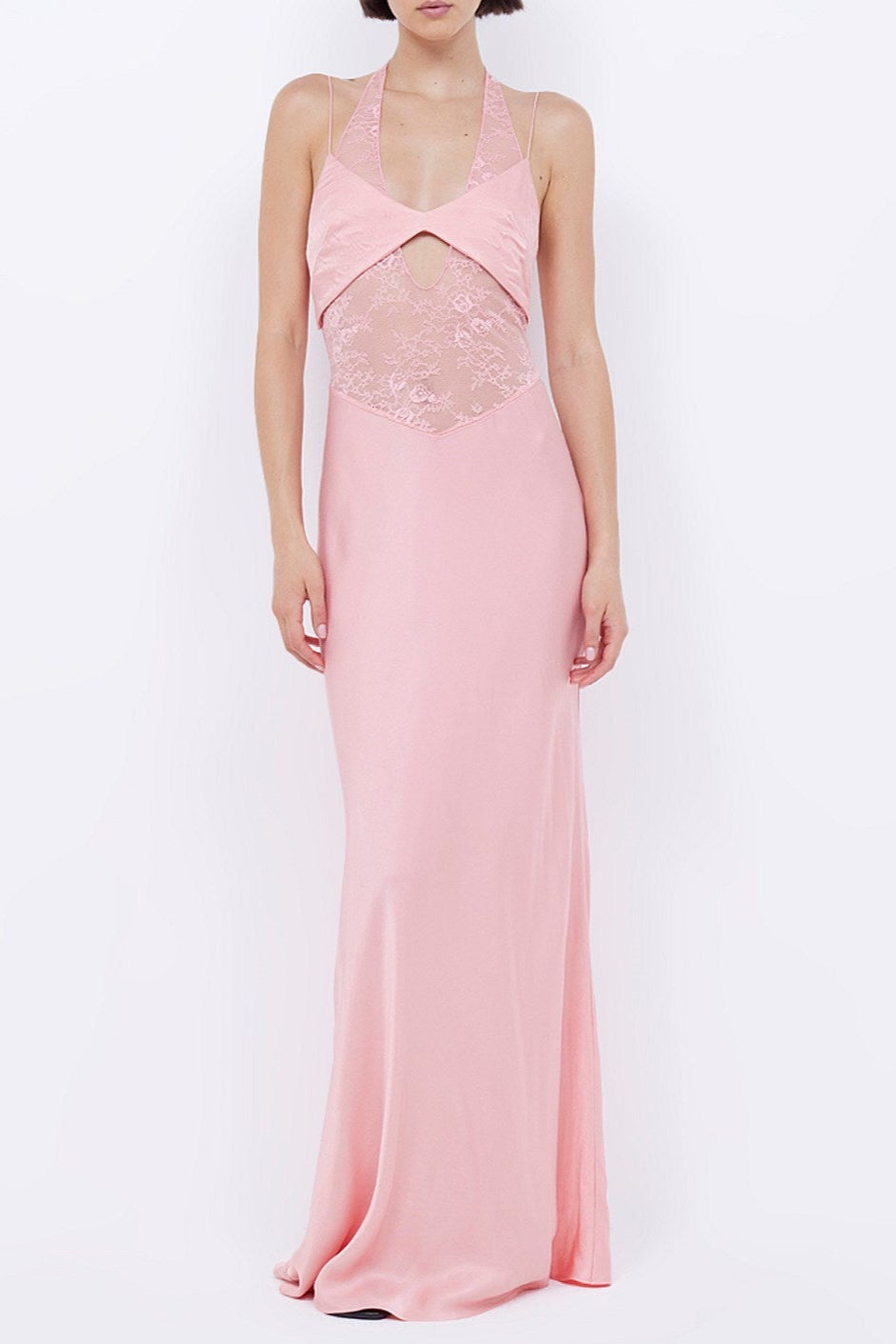 Tiffany Pink Mesh Lace Halter Maxi Dress