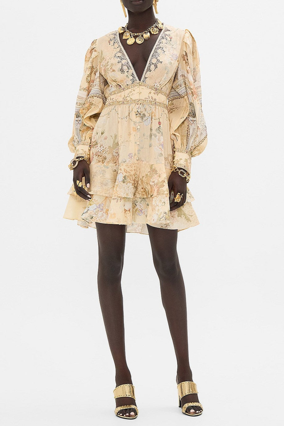 Multicolor Floral Print v-Neckline Silk Layer Mini Dress