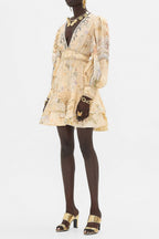 multicolor floral print v-neckline silk layer mini dress
