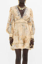 Flowering Girl Women Multicolor Floral Print v-Neckline Silk Layer Mini Dress