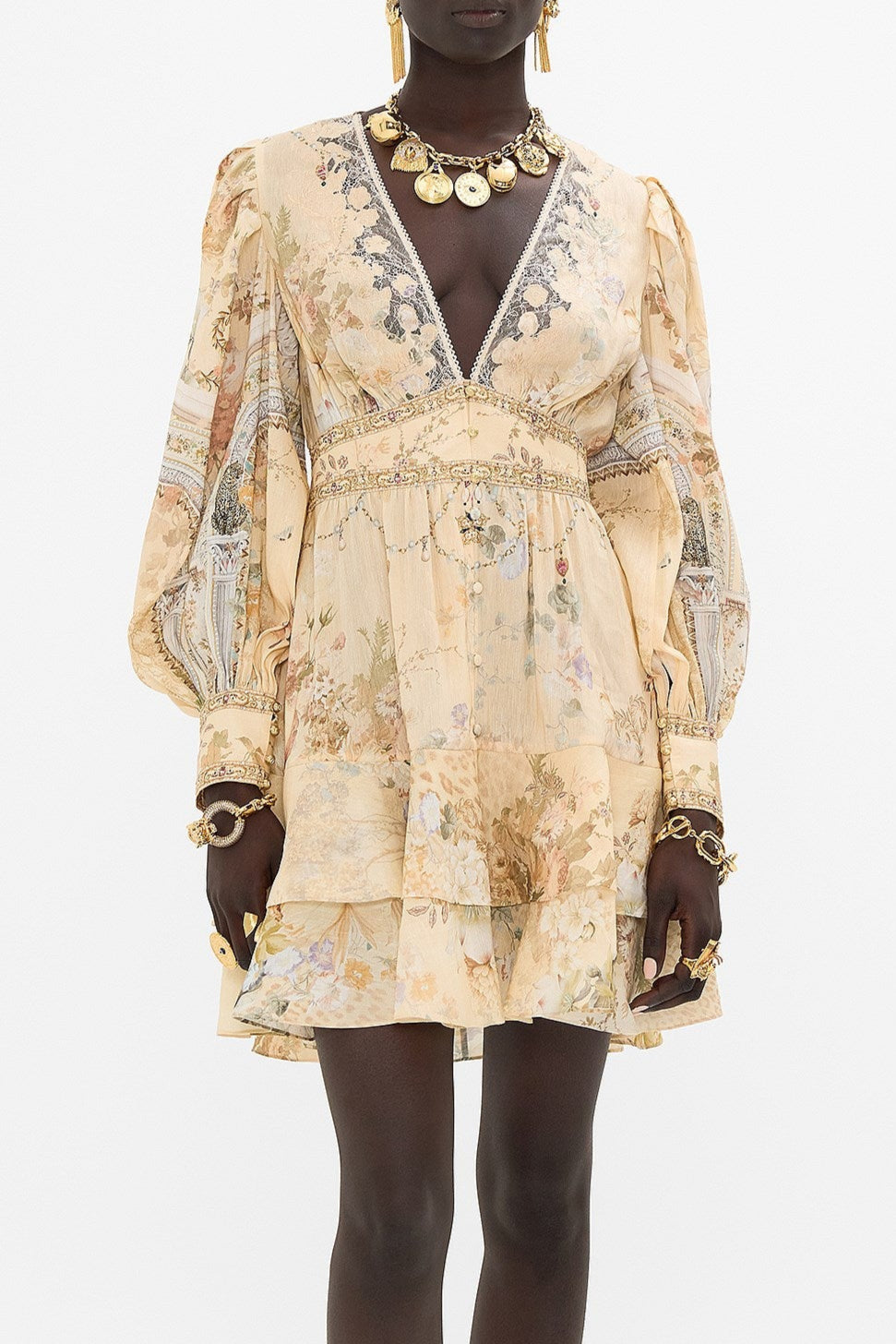 Multicolor Floral Print v-Neckline Silk Layer Mini Dress