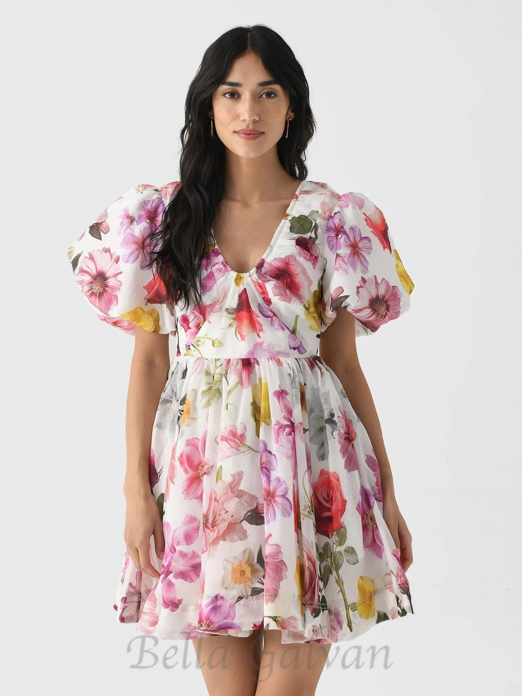 Flowering Girl Women vanessa puff sleeve collage fleur mini dress