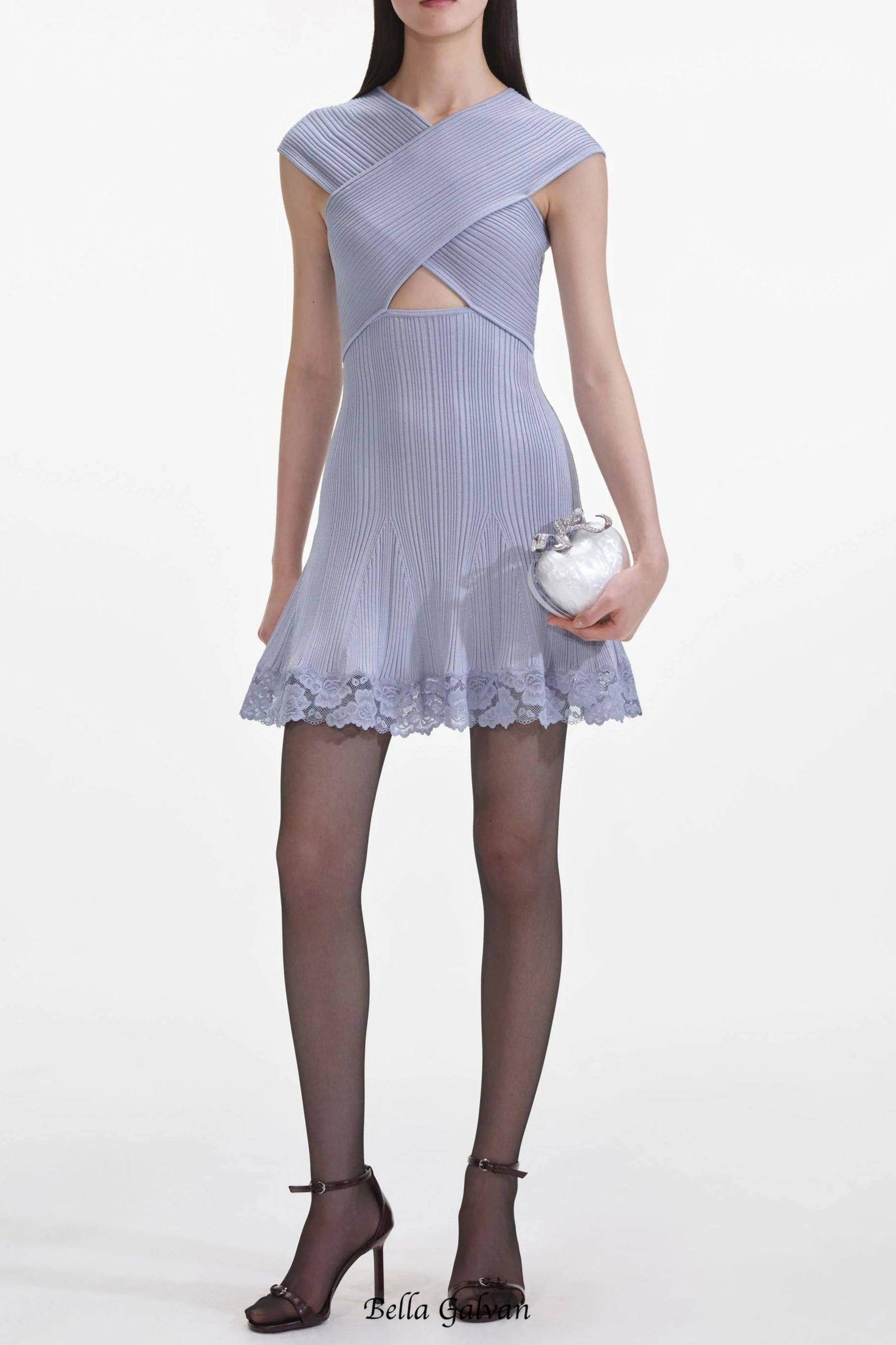 Blue Knit Lace cutout Mini Dress