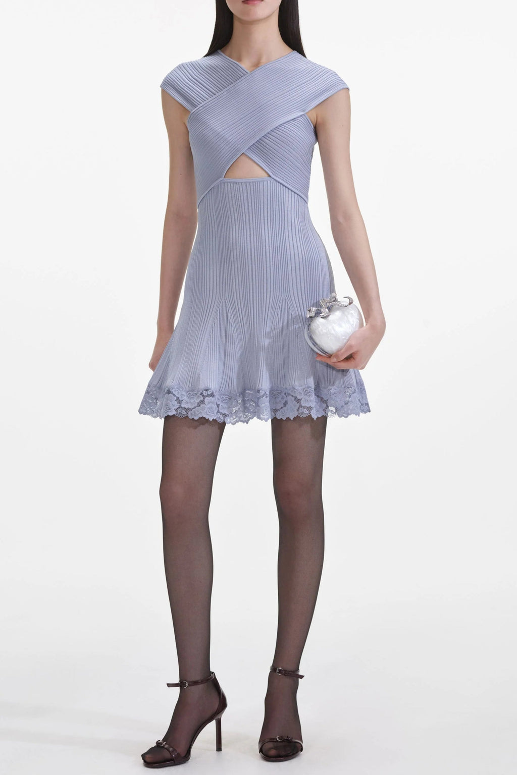 Blue Knit Lace Cutout Mini Dress