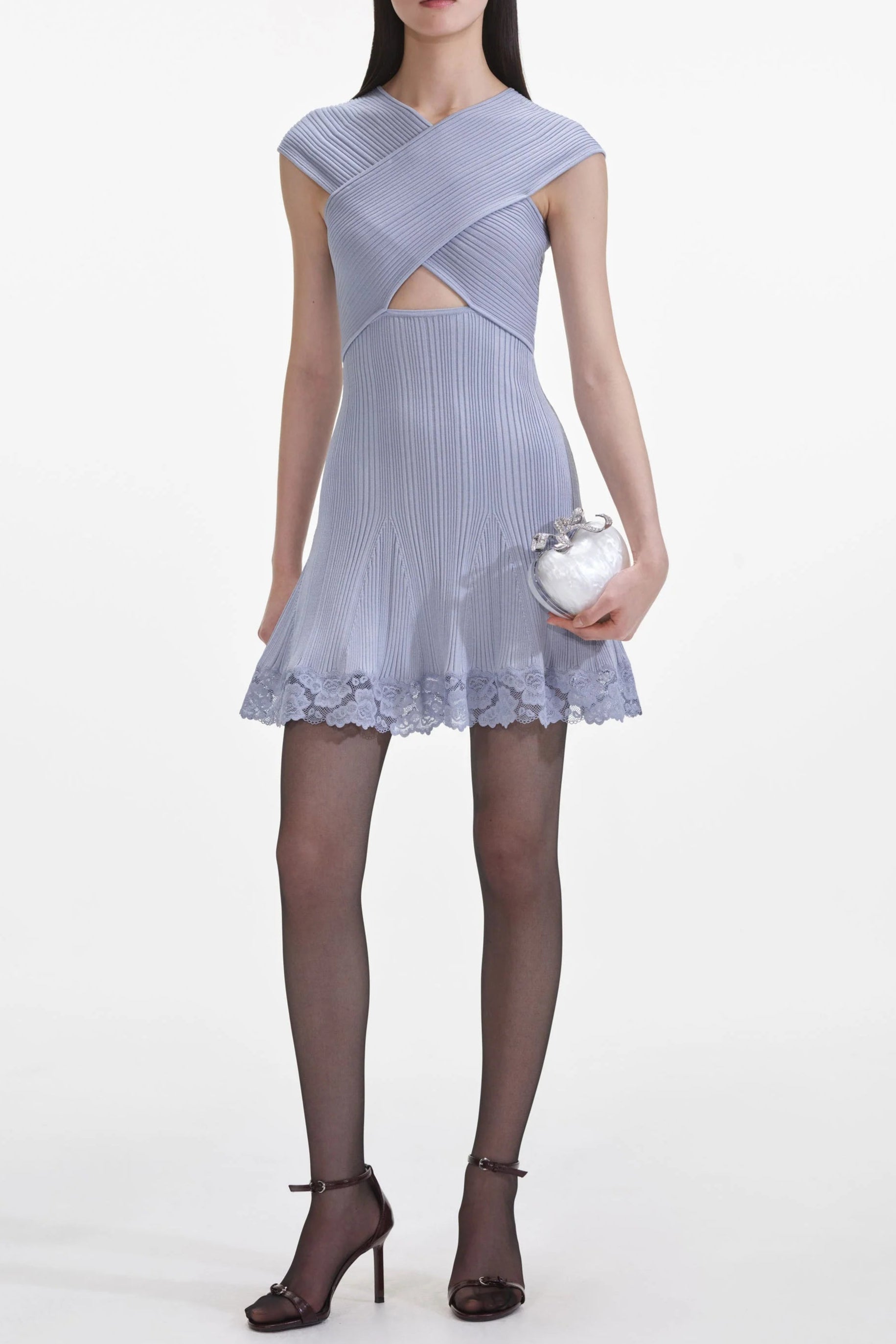 Blue Knit Lace Cutout Mini Dress