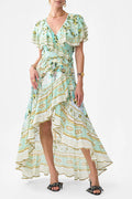 Flowering Girl Women Green-Multi Printed Ruffled V-Neck Irregular Hem Silk Maxi Dress