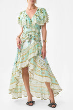 Flowering Girl Women Green-Multi Printed Ruffled V-Neck Irregular Hem Silk Maxi Dress