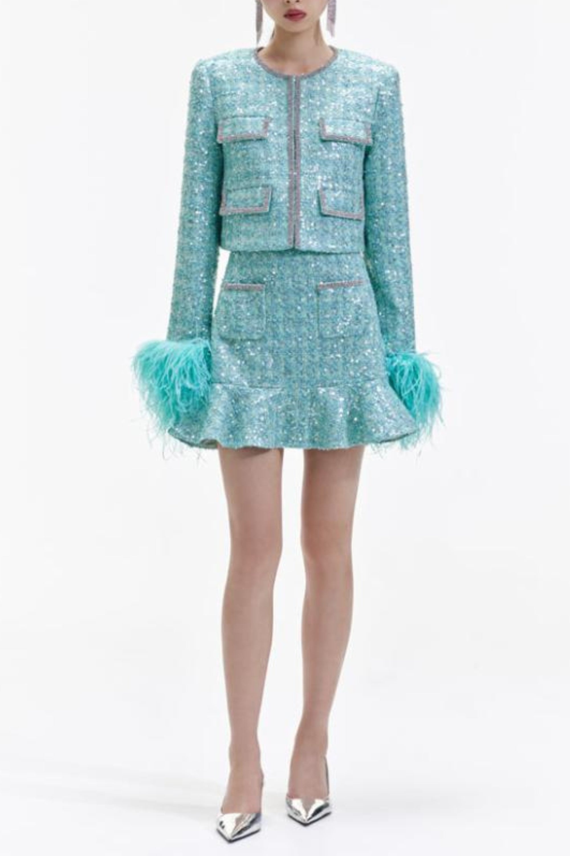 Flowering Girl Women Stephanie Boucle Feather Jacket Suit In Green