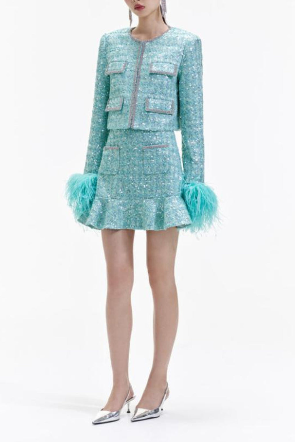 Flowering Girl Women Stephanie Boucle Feather Jacket Suit In Green