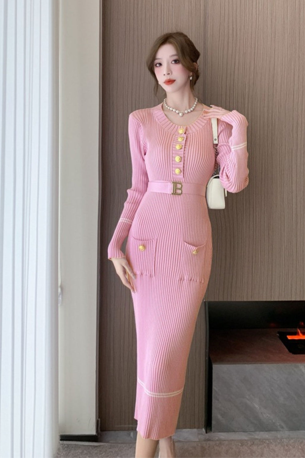 Flowering Girl Women Metal Button Jersey Long Sleeve Midi Dress Pink
