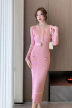 Flowering Girl Women Metal Button Jersey Long Sleeve Midi Dress Pink