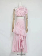 nina Ruffled strapless top floral embroidered mermaid skirt set - pink