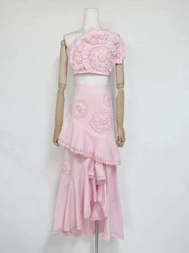 Flowering Girl Women Nina Ruffled Strapless Top Floral Embroidered Mermaid Skirt Set - Pink