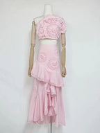Flowering Girl Women Nina Ruffled Strapless Top Floral Embroidered Mermaid Skirt Set - Pink