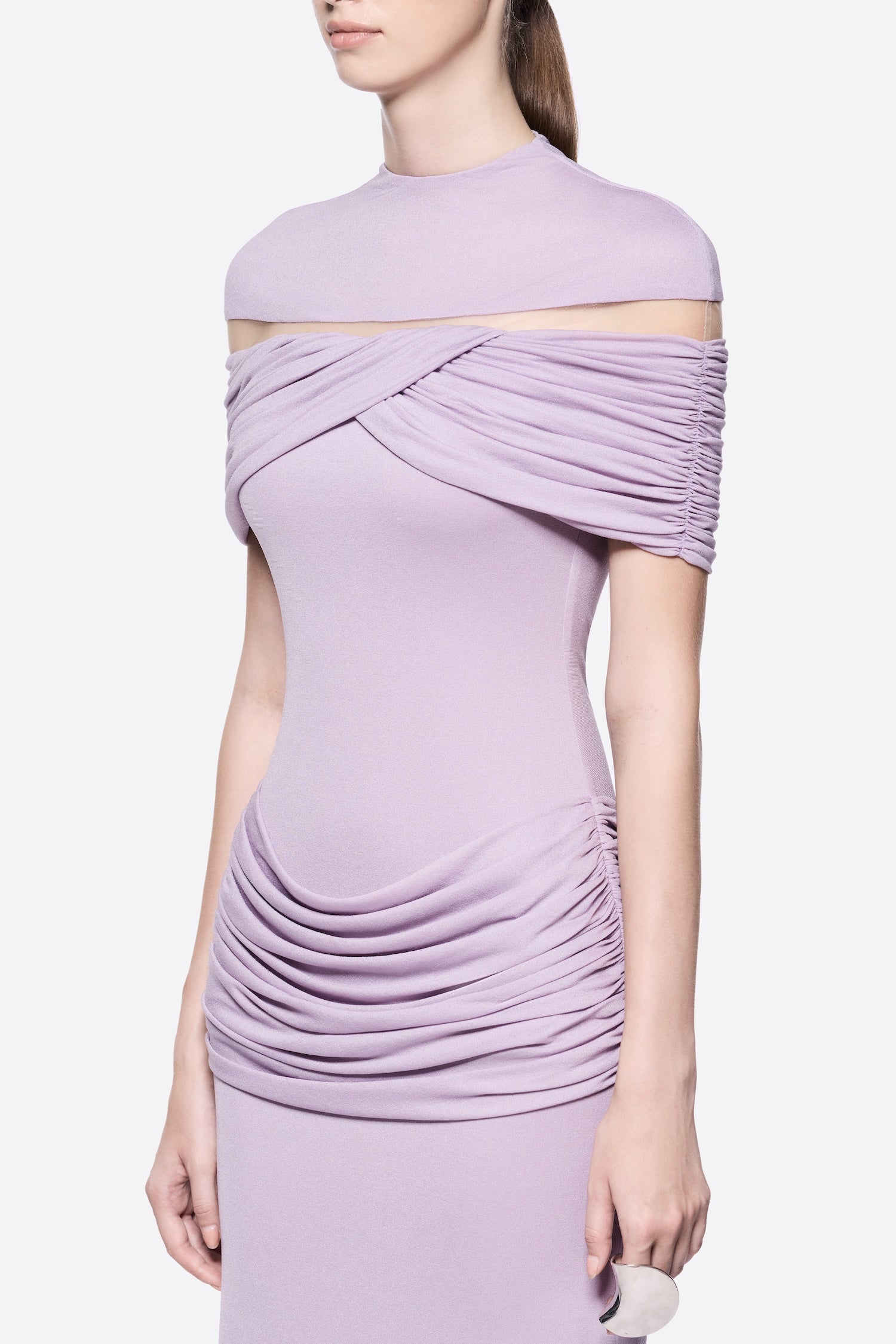 Megan Ruched Knit Patchwork Maxi Dress In Purple