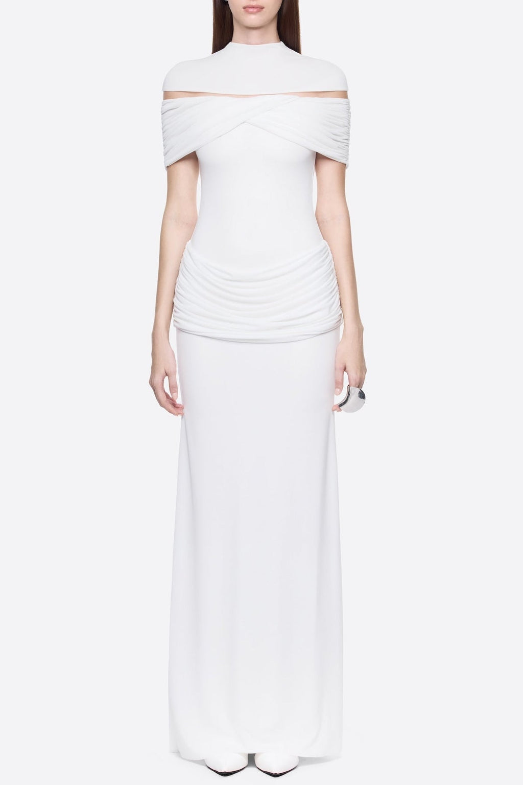 Megan Ruched Knit Patchwork Maxi Dress In White