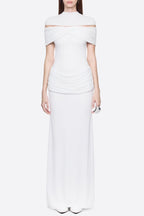Megan Ruched Knit Patchwork Maxi Dress In White