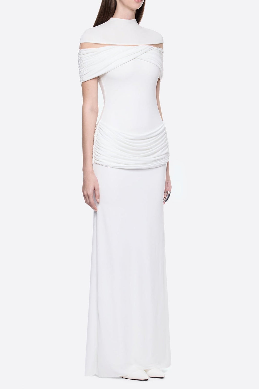 Megan Ruched Knit Patchwork Maxi Dress In White