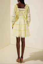 Flowering Girl Women victoria Embroidered hollow Ruffle Mini Dress - yellow