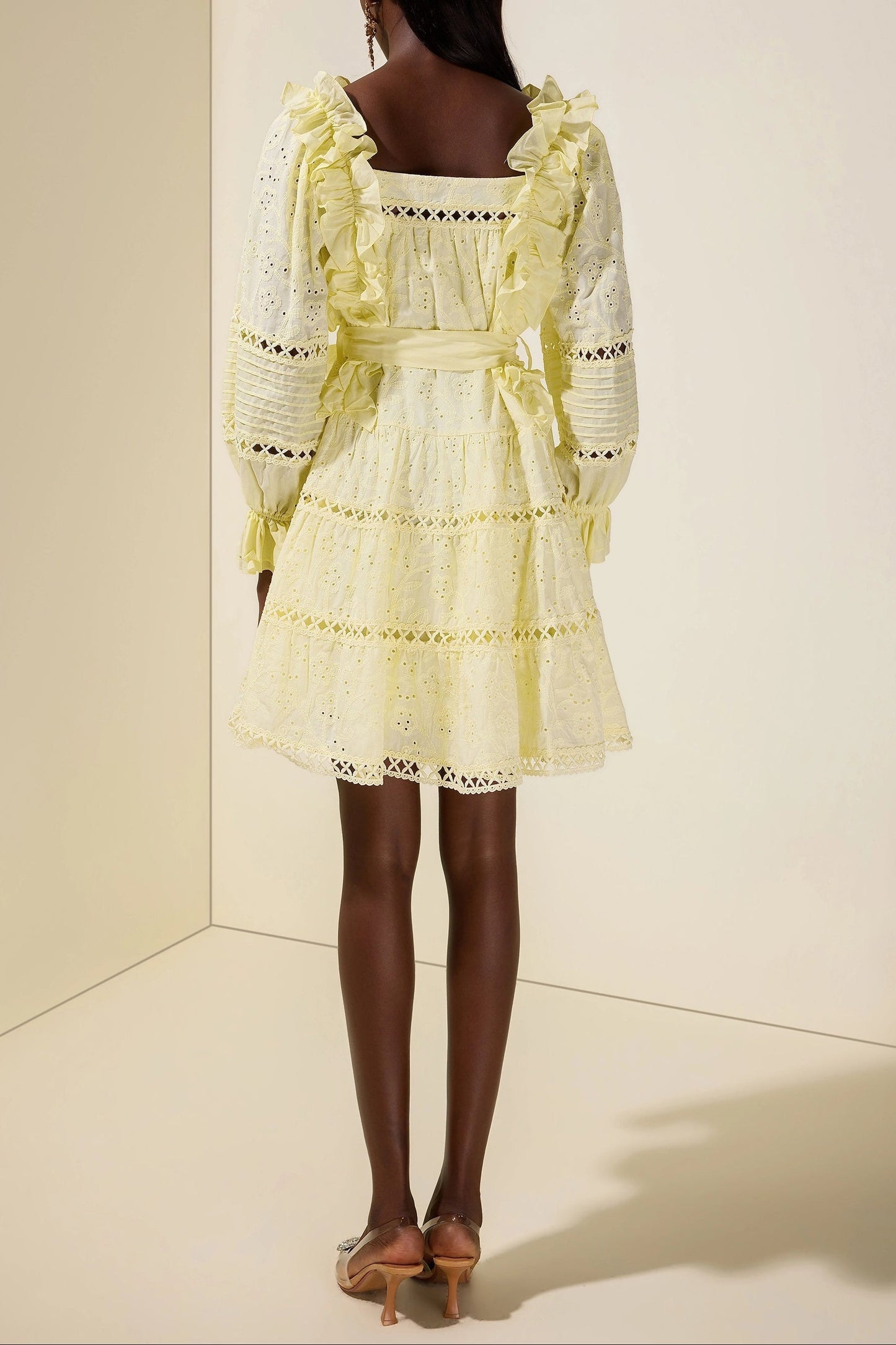 victoria Embroidered hollow Ruffle Mini Dress - yellow