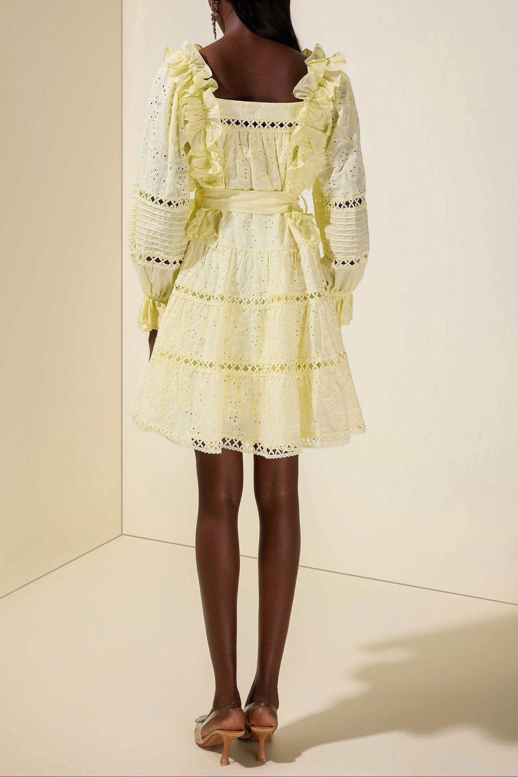 Flowering Girl Women victoria Embroidered hollow Ruffle Mini Dress - yellow
