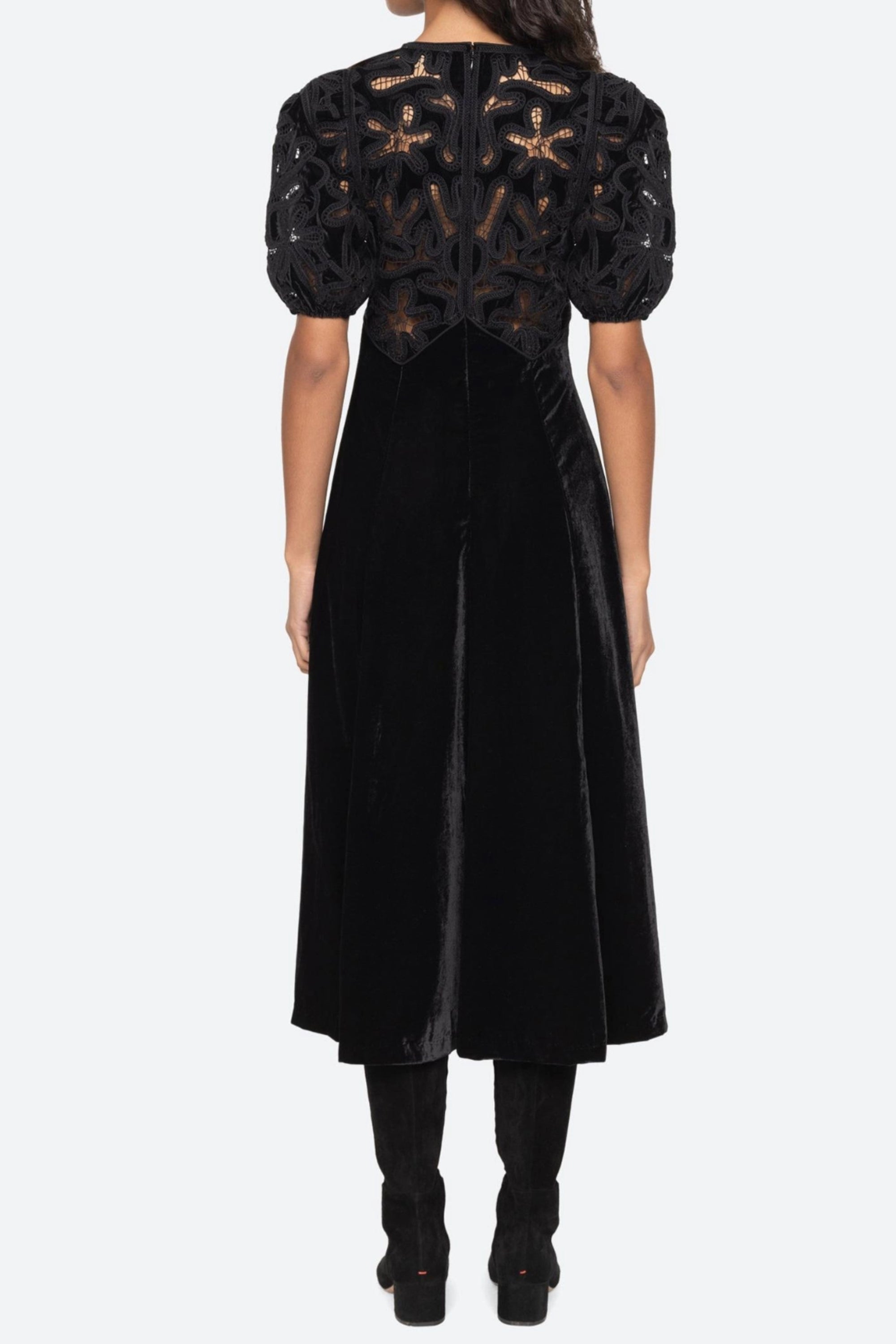 Flowering Girl Women Velvet Puff Sleeve Embroidered Midi Dress In Black