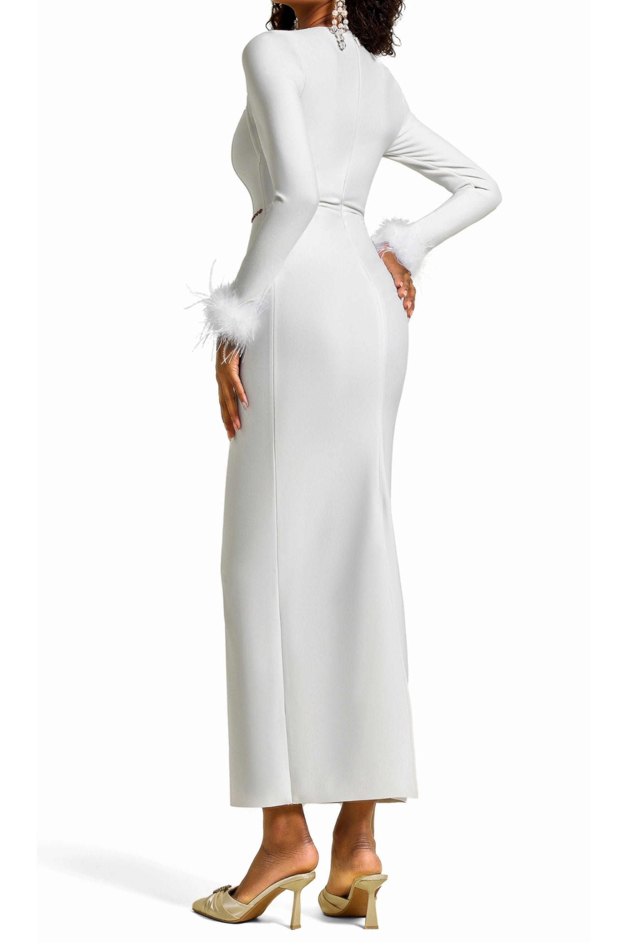 Flowering Girl Women Rhinestone Cut-Out Feather Midi Dress In White