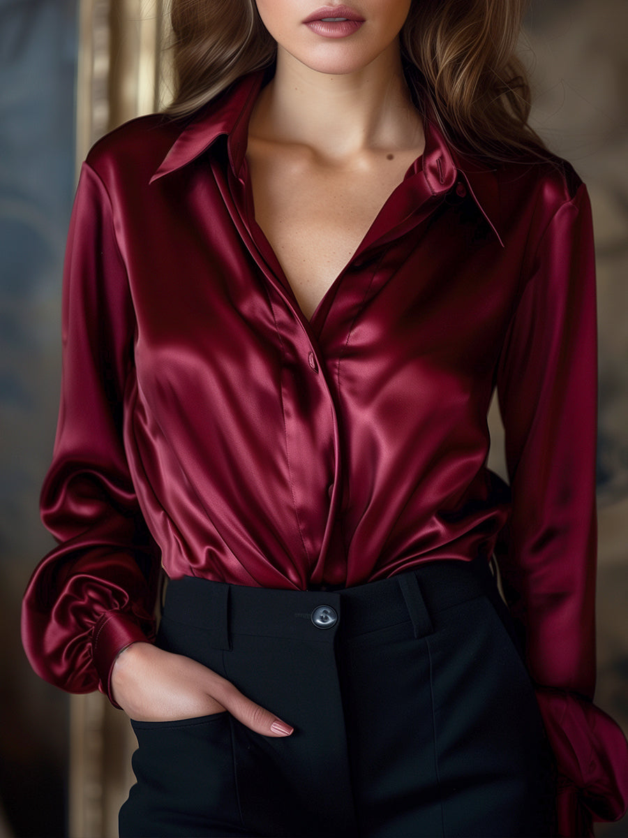 Flowering Girl Women Elegant Black Satin Long Sleeves Blouse