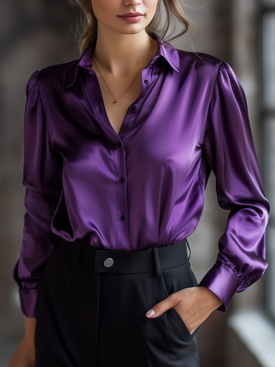 Flowering Girl Women Elegant Black Satin Long Sleeves Blouse