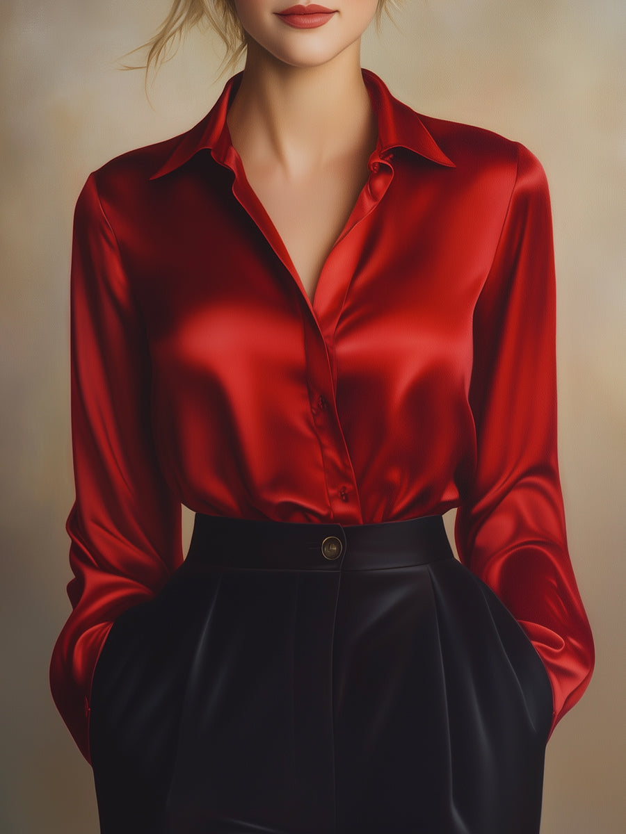 Flowering Girl Women Elegant Black Satin Long Sleeves Blouse