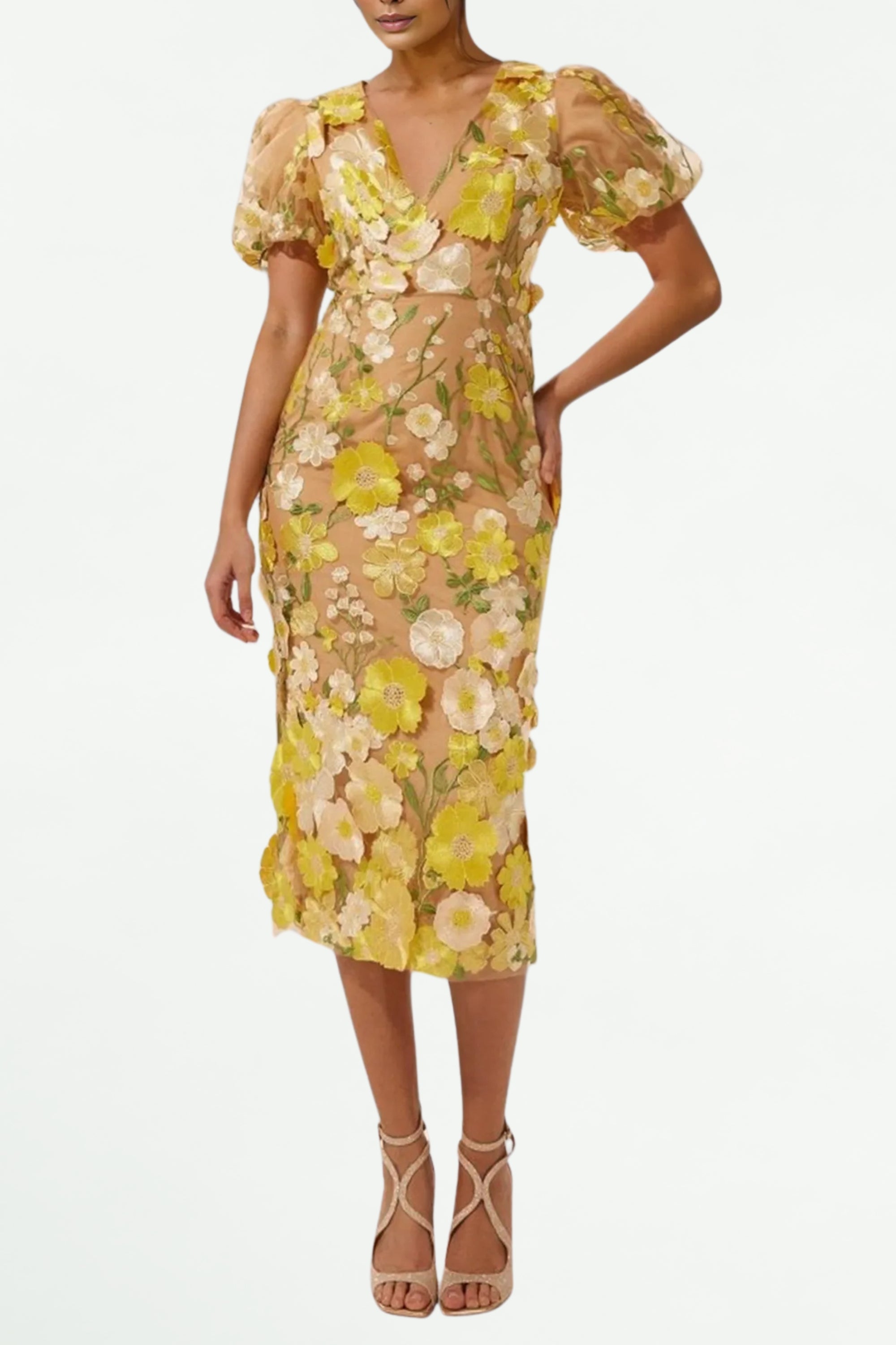 Flowering Girl Women Ereen Puff Sleeves V-Neck Flower Midi Dress