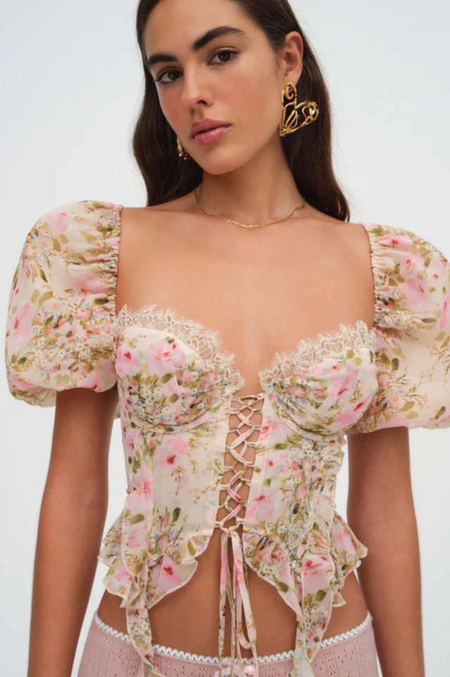 Flowering Girl Women Pink Tie-Drape Chiffon Shirt With Ruffled Puff Sleeves