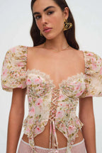Flowering Girl Women Pink Tie-Drape Chiffon Shirt With Ruffled Puff Sleeves