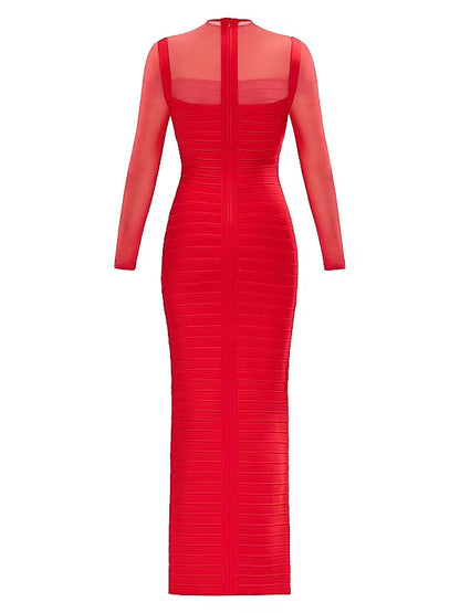 tina Red long-sleeve mesh see-through bandage maxi dress